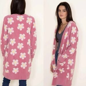 Simply Southern Fuzzy Daisy Pink Long Open Front Duster Cardigan Sweater Small